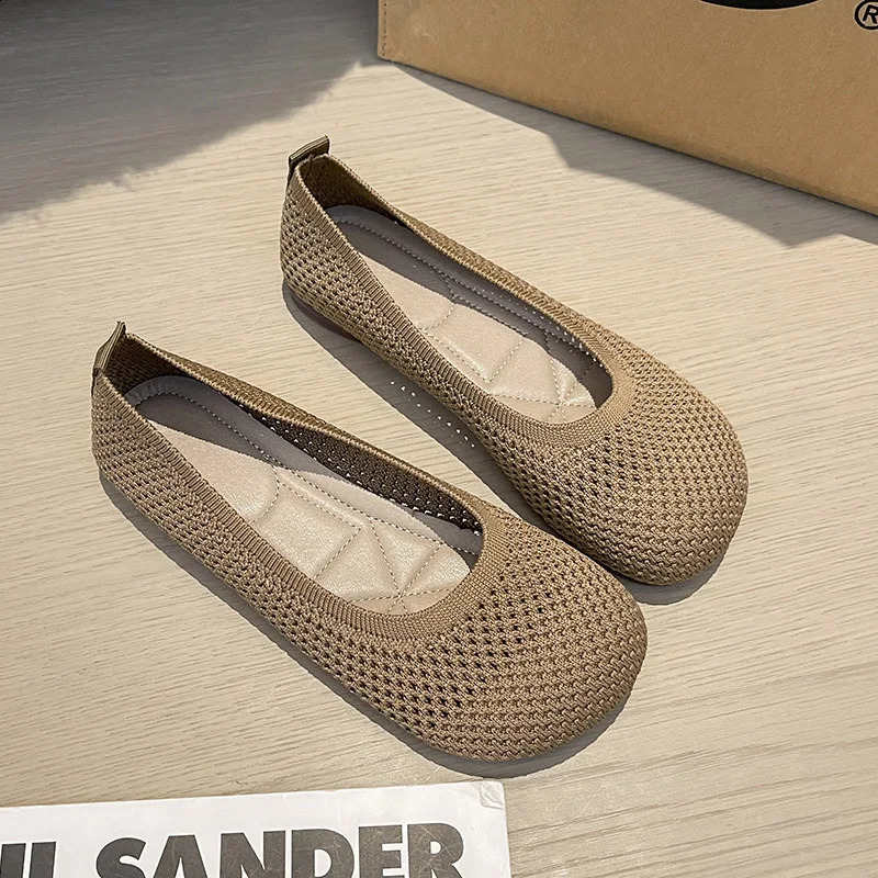 Summer Knitted Ballet Flat Shoes for Women Soft and Smooth Square Toe Flat Shoes for Women Walking Shoes Comfortable and Casual Barefoot Shoes 240813