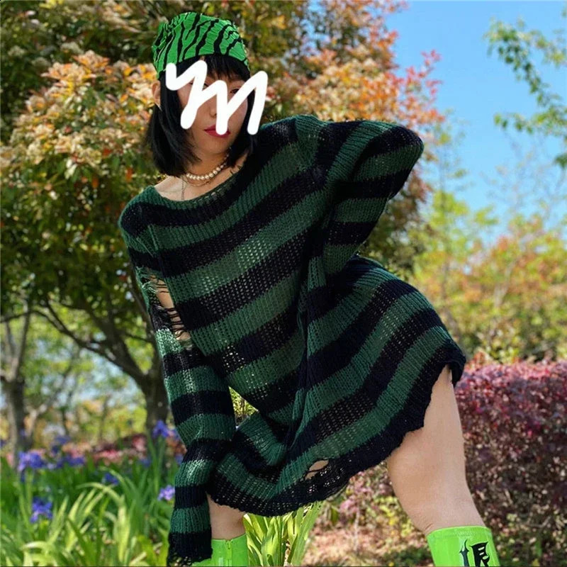 Goth Punk Gothic Sweater Oversized Pullovers Women Striped Cool Hollow Out Hole Broken Jumper Harajuku Aesthetics Sweater 240812