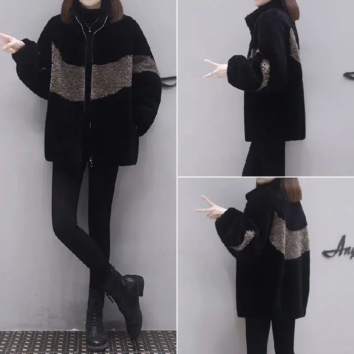 Short Imitation Lamb Wool New Winter Season With Plush Thick Oversized Loose Color Blocked Coat For Women Trend 04913