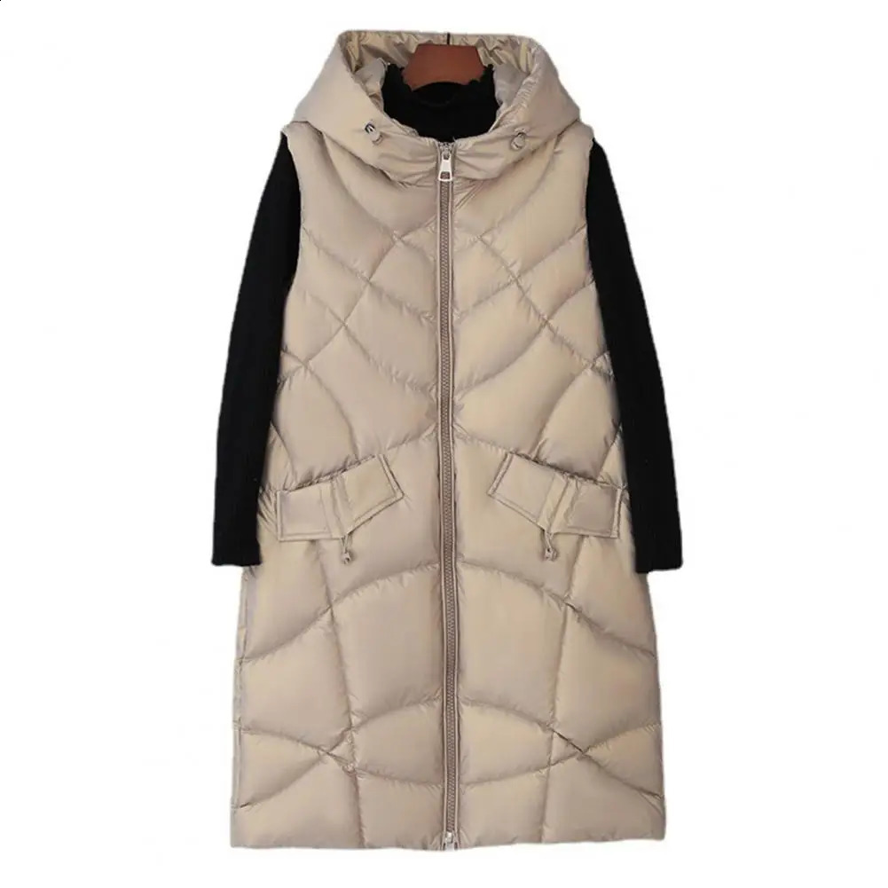 Women Winter Vest Stand Collar Mid Length Sleeveless Hooded Cotton Vest Slim Fit Keep Warm Padded Zipper Winter Cotton Coat 240813