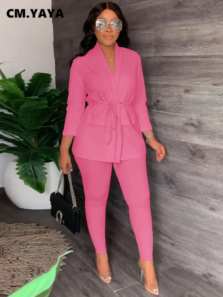 CM YAYA Womens Dress Waist Jacket Top and Pencil Pants Set Streetwear Two Piece Wear 240812