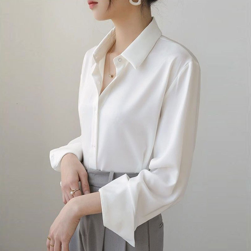 French white for women 2024 spring and autumn new wrinkle resistant satin shirt temperament long sleeved chiffon interior