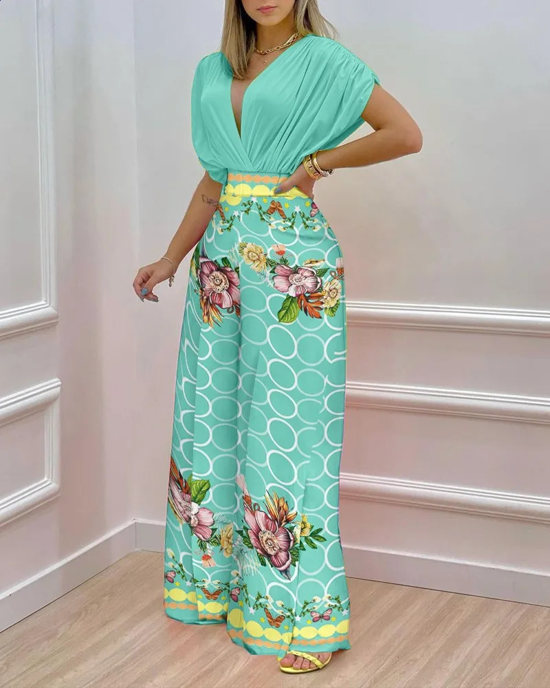 Women Print Suit Pullover Batwing Sleeve V-Neck Top Wide Leg Pants Set Two Piece Set Loose Casual Womens Clothing Summer 240813