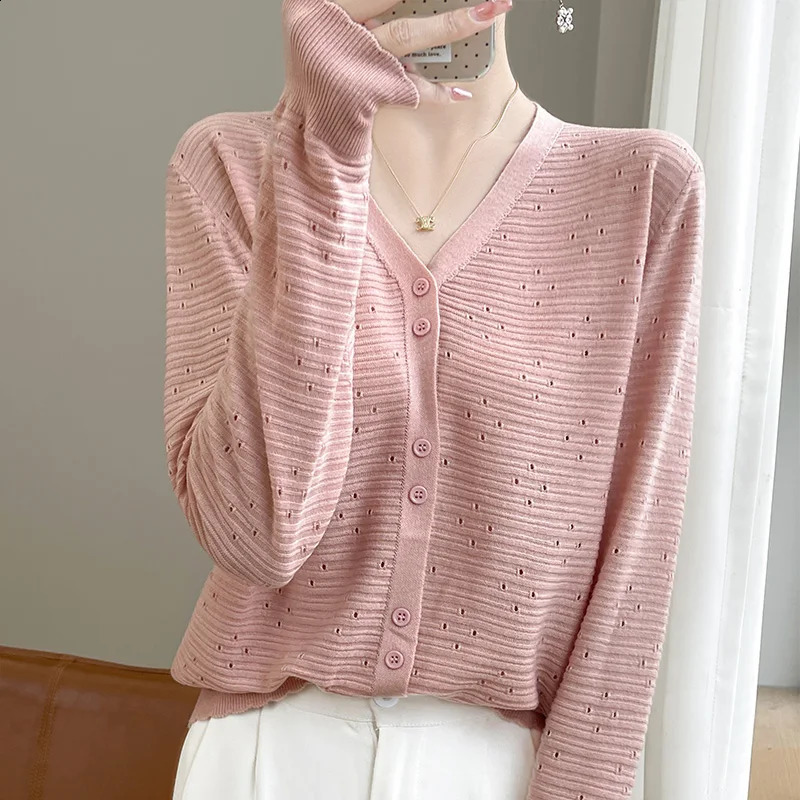 autumn Vneck wool sweater hollow womens loose top casual knitted 240812