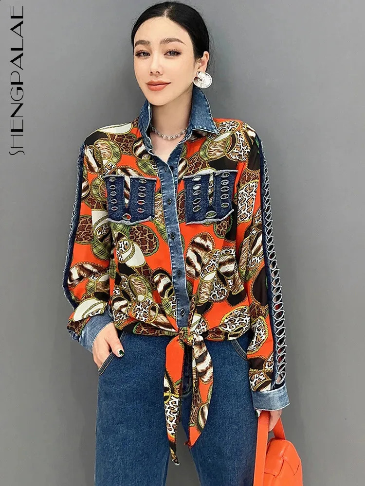 SHENGPALAE Denim Patchwork Chiffon Shirt With Tie Up 2024 Spring Summer Fashion Casual Loose Elegant Womens Clothes Top 5R9738 240812