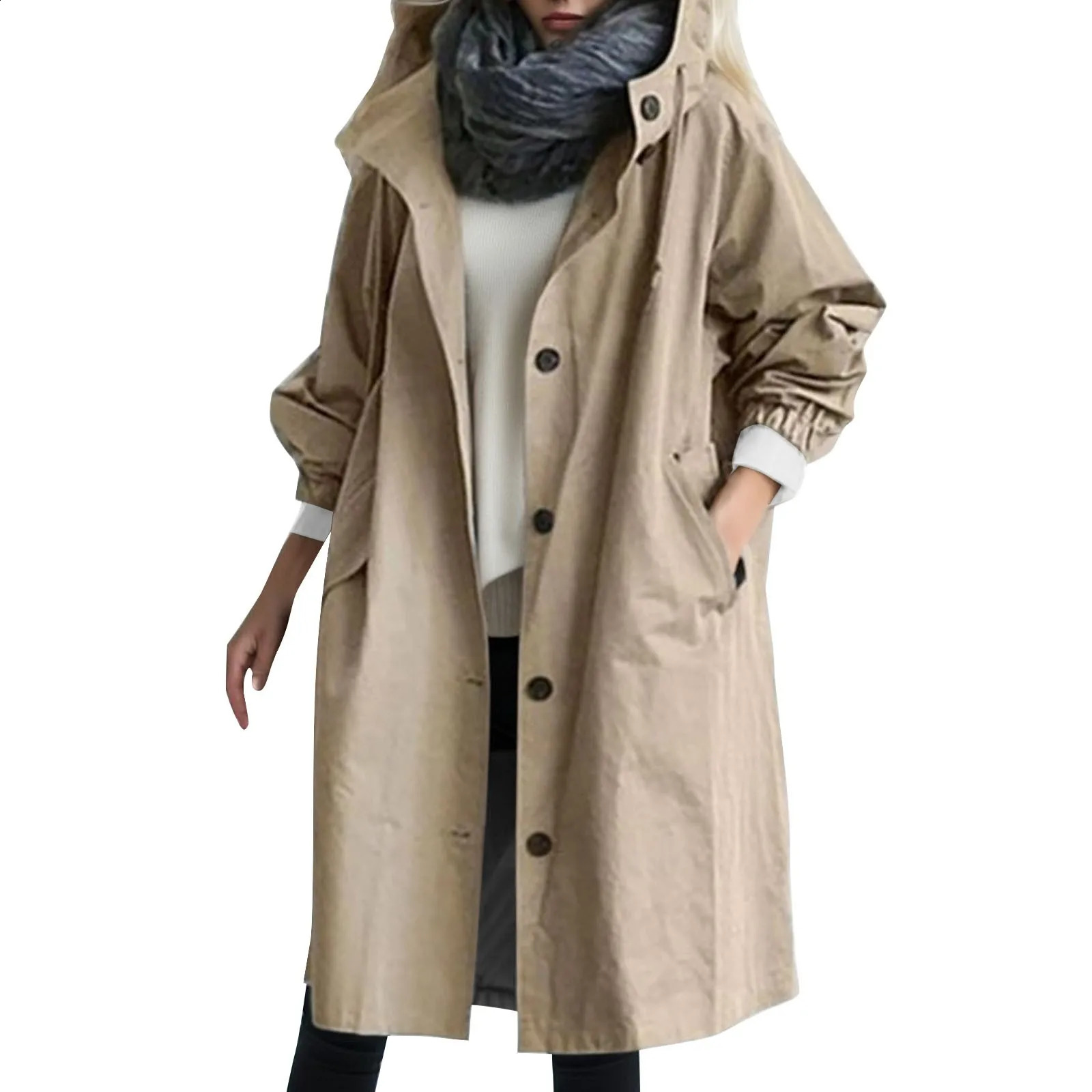 Women Fashion Trench Coat Spring Autumn Casual Hooded Medium Long Overcoat Loose Windproof Coat Korean Trendy Large Size 240813