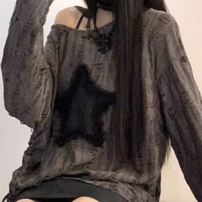 HOUZHOU Harajuku Vintage Hollow Out Sweater Women Autumn Streetwear Fairy Grunge Y2k Knitted Pullovers Gothic Girl Top 240812