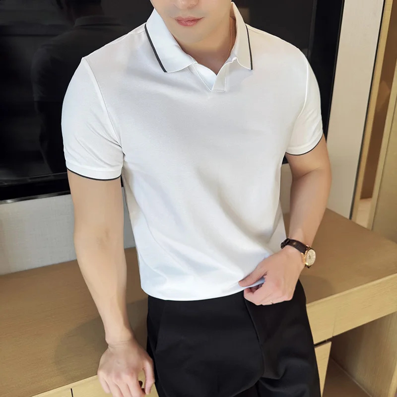 Business Casual Solid Color Mens Polo Shirt 2024 Summer Classic Men Short Sleeve V-neck T-shirt Slim Fit Spliced Polo 4XL-M 240813