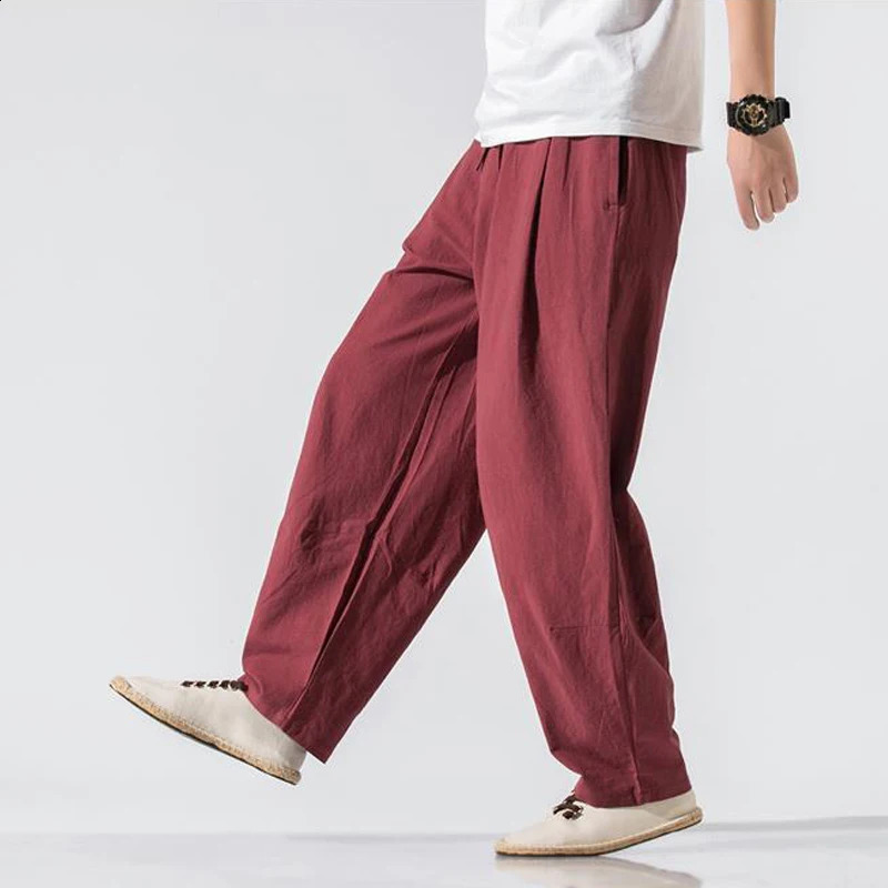 Men Clothes Summer Japanese Casual Streetwear Harajuku Cotton Linen Baggy Pants Male Solid Oversized Bloomers Trousers M-5XL 240813