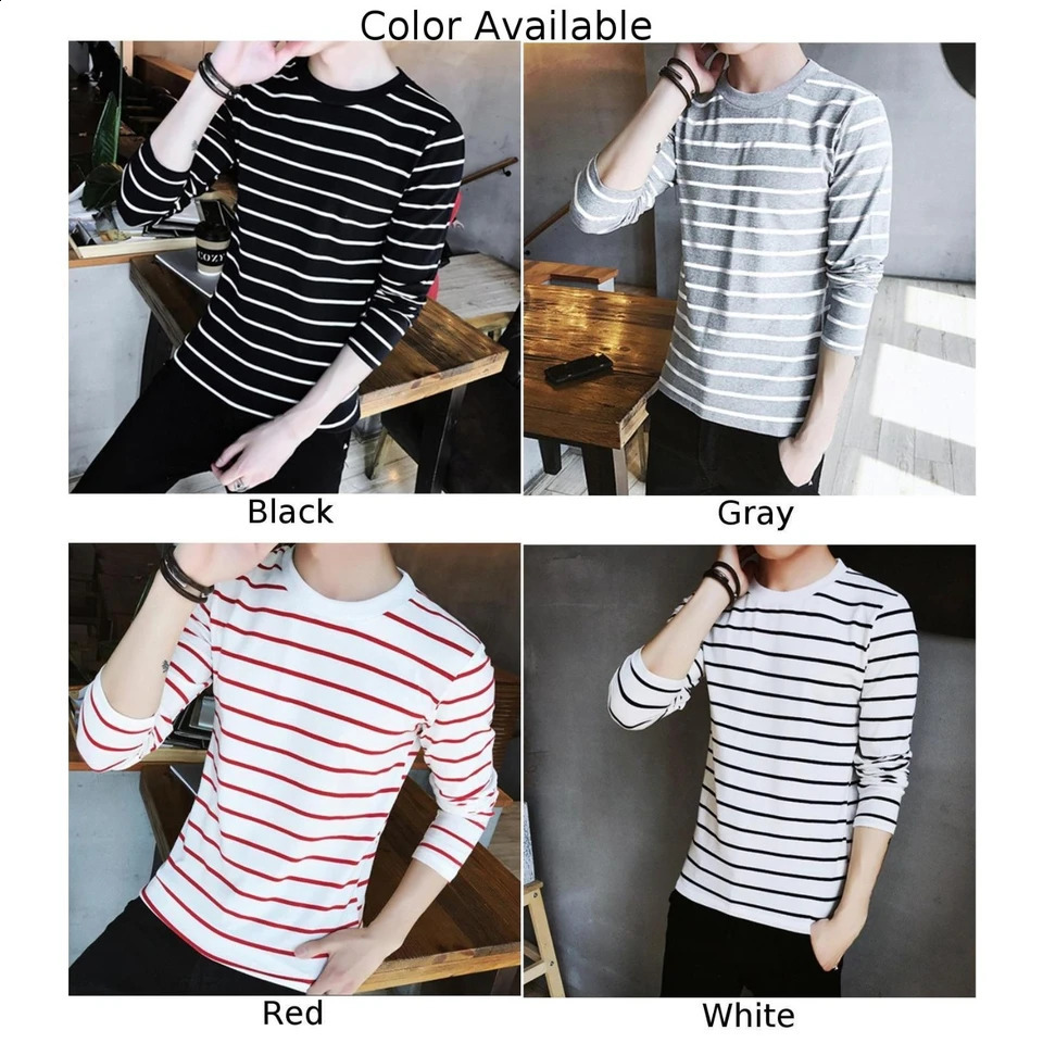 Trendy Mens Crew Neck T Shirt Stripe Long Sleeve Tops Blouse for Sports and Everyday Wear White/Black/Red/Gray 240812