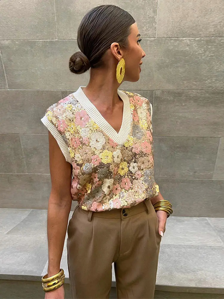 Elegant Colorful Flower Sequins Sweater Vest Women Fashion Loose V Neck Sleeveless Knitted Pullover 2024 Spring Lady Waistcoat 240813