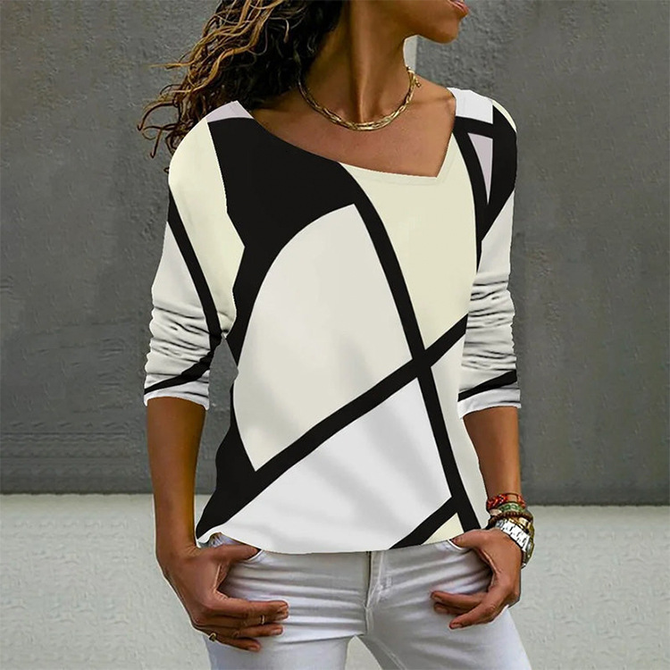 Spring Autumn women's new casual color blocked shirt with slanted collar and long sleeved top for women
