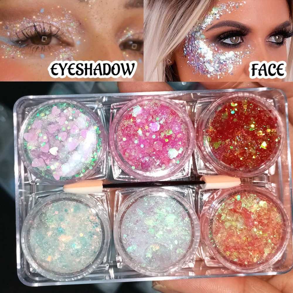 6 cans/set laser sequins gel facial body glitter eye shadow cream color sequins body cream stage nightclub halloween party makeup W240812