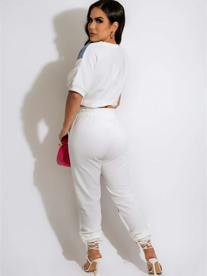 Denim Patchwork Tracksuit Women Two 2 Piece Set Oufits Sweatsuit Summer Clothes Fashion Tee Jogger Long Pants Suit Matching Set 240813