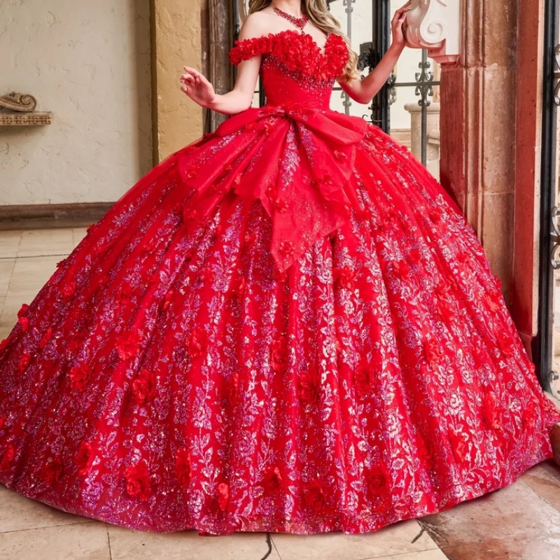 Red Shiny Princess Quinceanera Dresses Off Shoulder Beaded Crystal Flower Tull Sweet 16 vestidos de 15 quinceanera