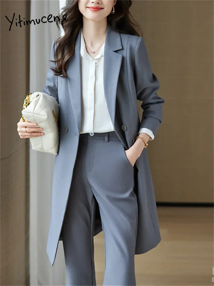 Yitimuceng Solid Two Piece Womens Set Redemption Single Chest Long Coat Office Casual Pants 240812