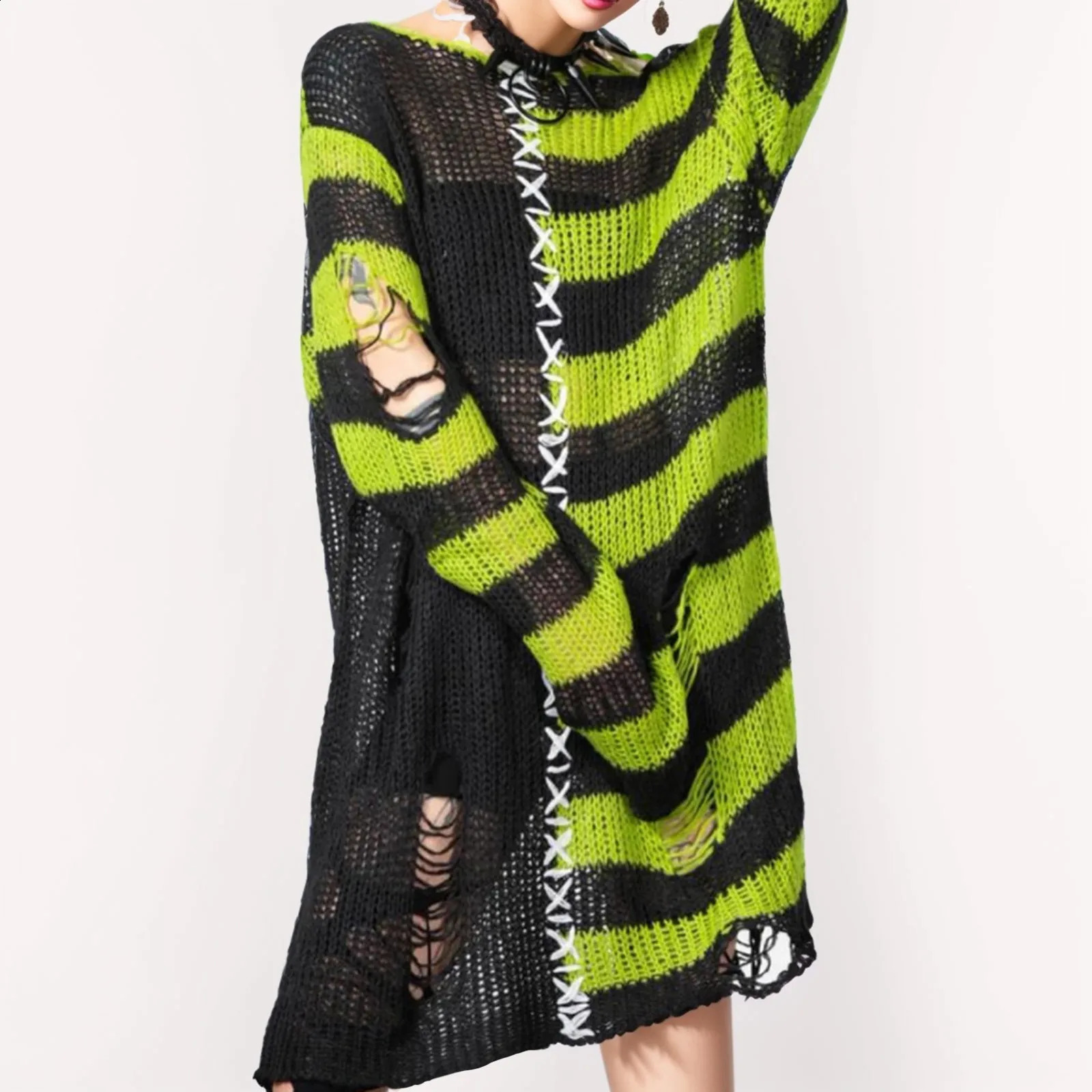 Y2K Gothic Gradient Striped Sweaters Women Ripped Holes Knitted Pullovers Streetwear Contrast Color Loose Jumpers 240812