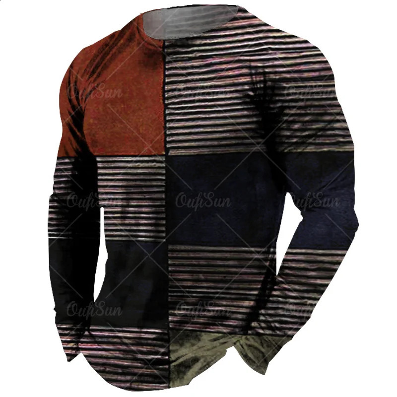 Vintage Mens Long Sleeve T-Shirt Patchwork Tees Tops Plaid T-Shirt For Men 3d Striped Printed Clothing Oversized Streetwear 5xl 240812