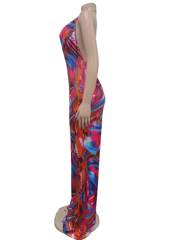 Beyprern Tropical Halter Neck O-Rings Metal Jumpsuits One Piece Outfits Beautiful Backless Printed Wide Leg Rompers Overalls 240813