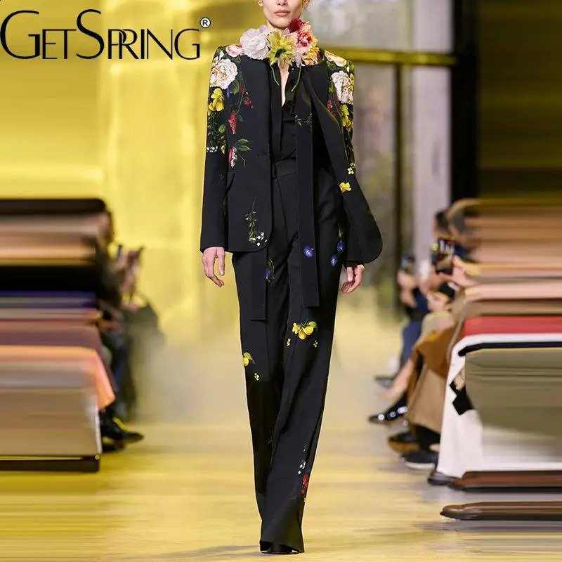 Get Spring Womens Pants Set Autumn Printed Single Button Jacket Coat High Waist Long Flame Two Piece 240812