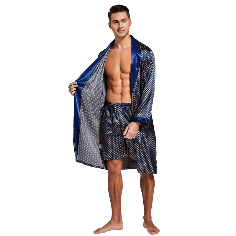 Tony Candice Mens Satin Robe Lightweight Long Sleeve Silk Kimono Bathrobe with Shorts Set Sleepwear 240812