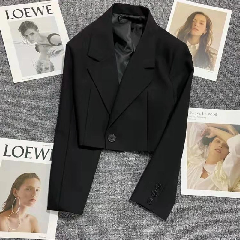 Korean Fashion Cropped Blazers Jacket Women Long Sleeve Office Ladies Streetwear Solid Color Single Button Short Suit Coat o240813