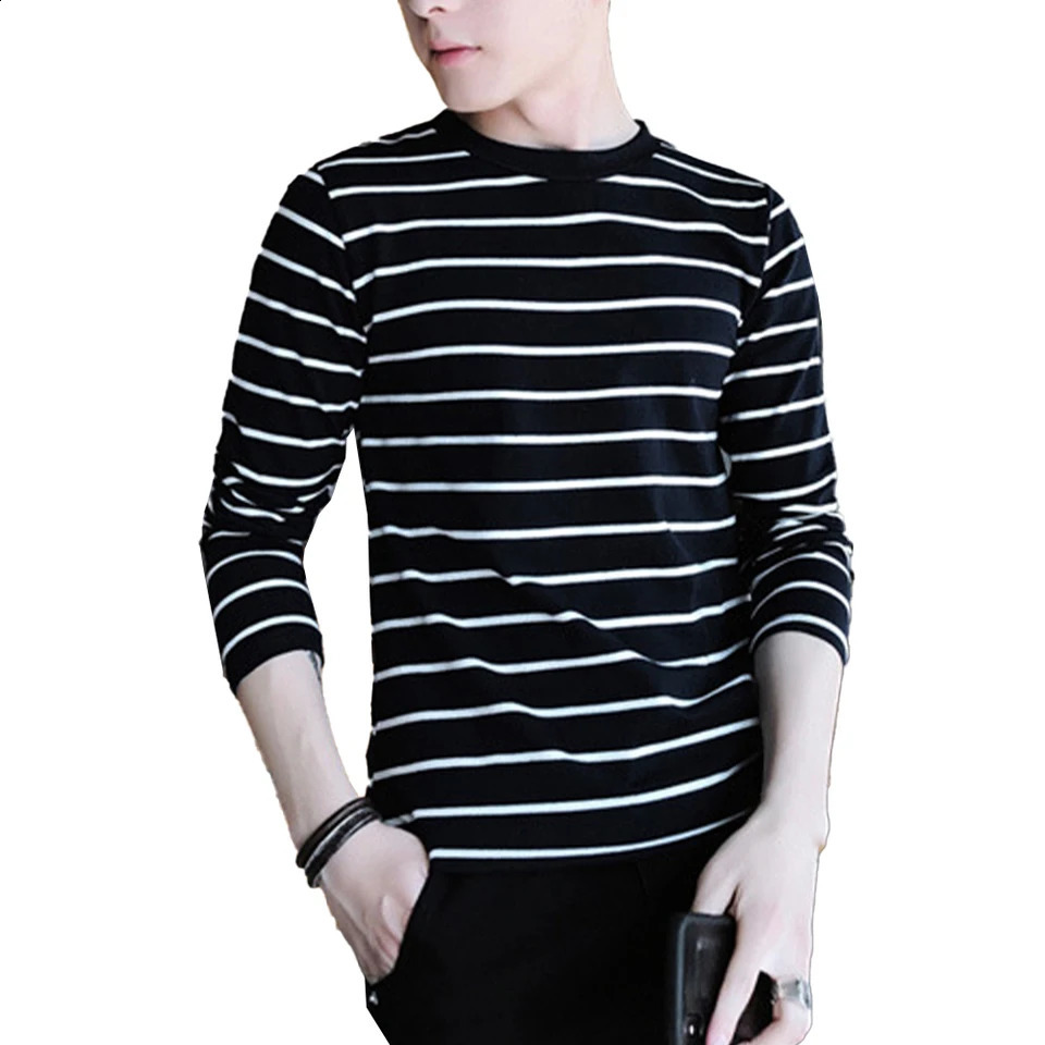 Trendy Mens Crew Neck T Shirt Stripe Long Sleeve Tops Blouse for Sports and Everyday Wear White/Black/Red/Gray 240812