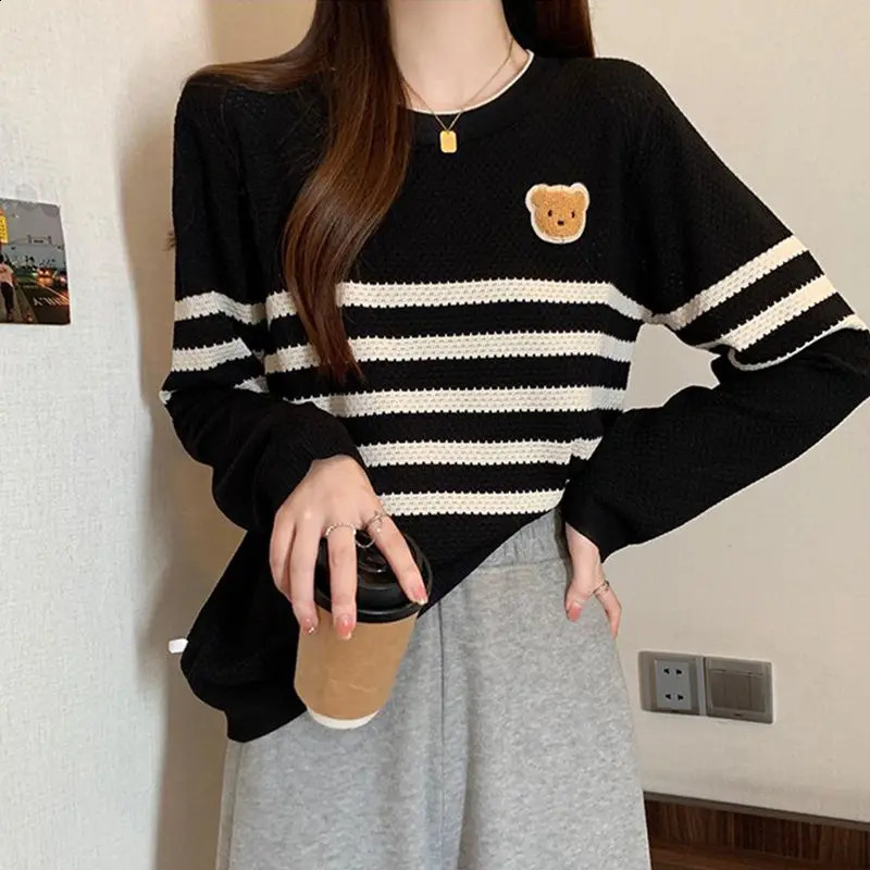 Preppy Style Autumn Womens Sweaters O-Neck Striped Cartoon Screw Thread Fashion Casual Loose Long Sleeve Pullovers Knitted Tops 240812
