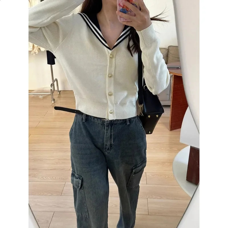 Vintage Sailor Collar Women Cardigan Basic Sweater Korean Style Spring Knitwear White Jumper Japanese Aesthetic F134 240812