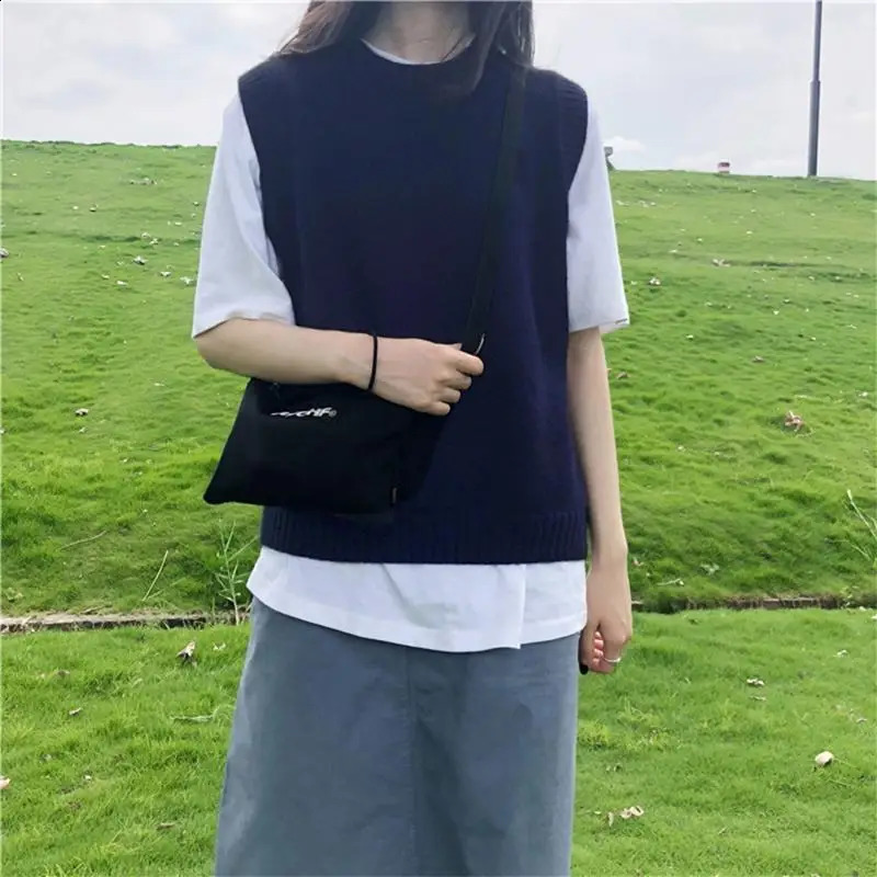 Sweater Vest Women Solid Preppy Style Loose Fit Layering Korean Fashion Knitted All-match Students Casual Spring Simple Mujer 240812
