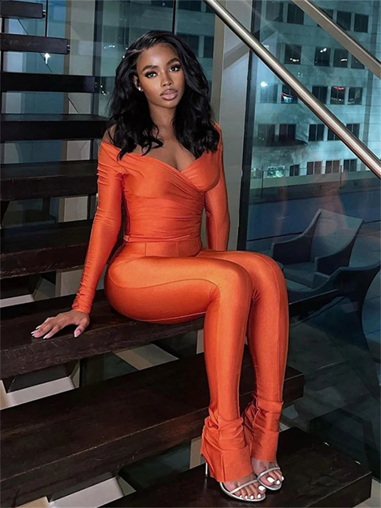 Simenual Casual Skinny Women Two Piece Set Sexy Deep V Crop Tops High Waist Pants Cyber Y2K Outfits Slim Co Ord Suits Streetwear 240813