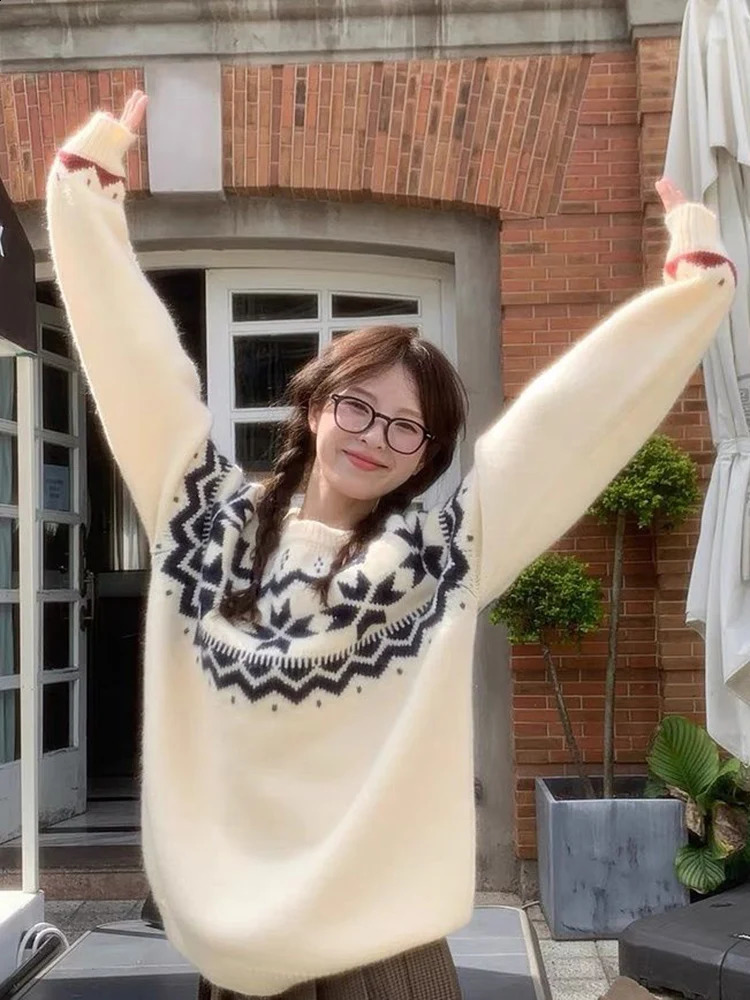 Jmprs Vintage Harajuku Print Sweater Women Japan Preppy Style Knitted Jumper Lazy Wind Loose Long Sleeve Retro O Neck Tops 240812