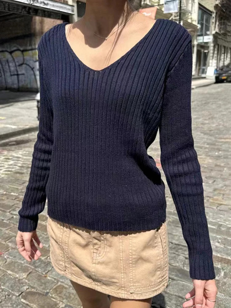 Vintage Solid Knit Long Sleeve Sweaters Women Autumn Sweet V Neck Short Slim Y2k Tops Ladies Harajuku Cute Cotton Sweater 240812
