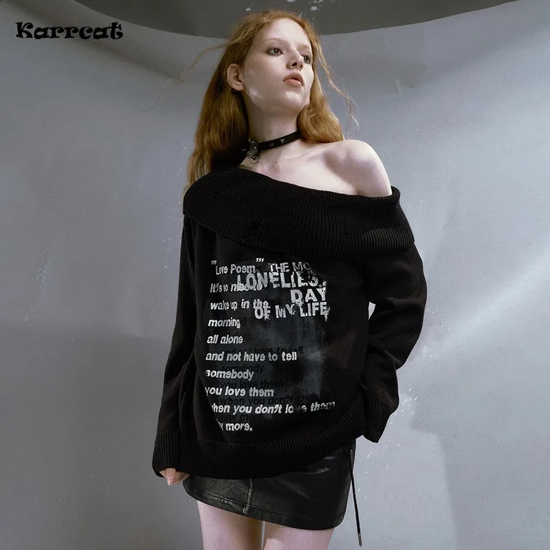 Karrcat Grunge Aesthetics Off Shoulder Pullover Vintage Gothic Graffiti Print Sweater Punk Slash Neck Knitwear American Retro 240812
