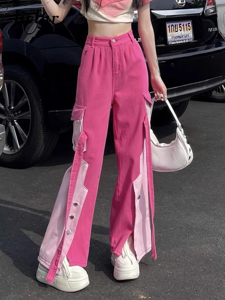 Jielur Pink Autumn Spell Color Straight Jeans High Waist Sexy Y2k Casual Fashion Streetwear Chic Loose Female Cargo Pants 240813