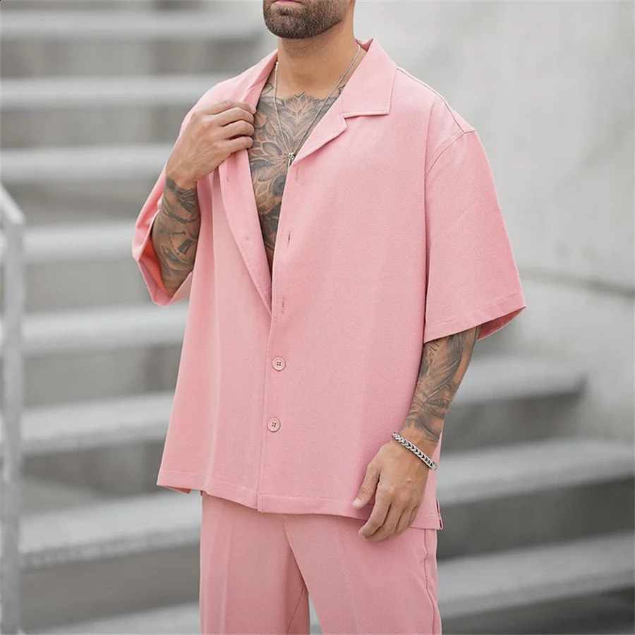 Summer mens 2piece casual short sleeved collared button up shirt and pants set top Trouser Streetwear 240812