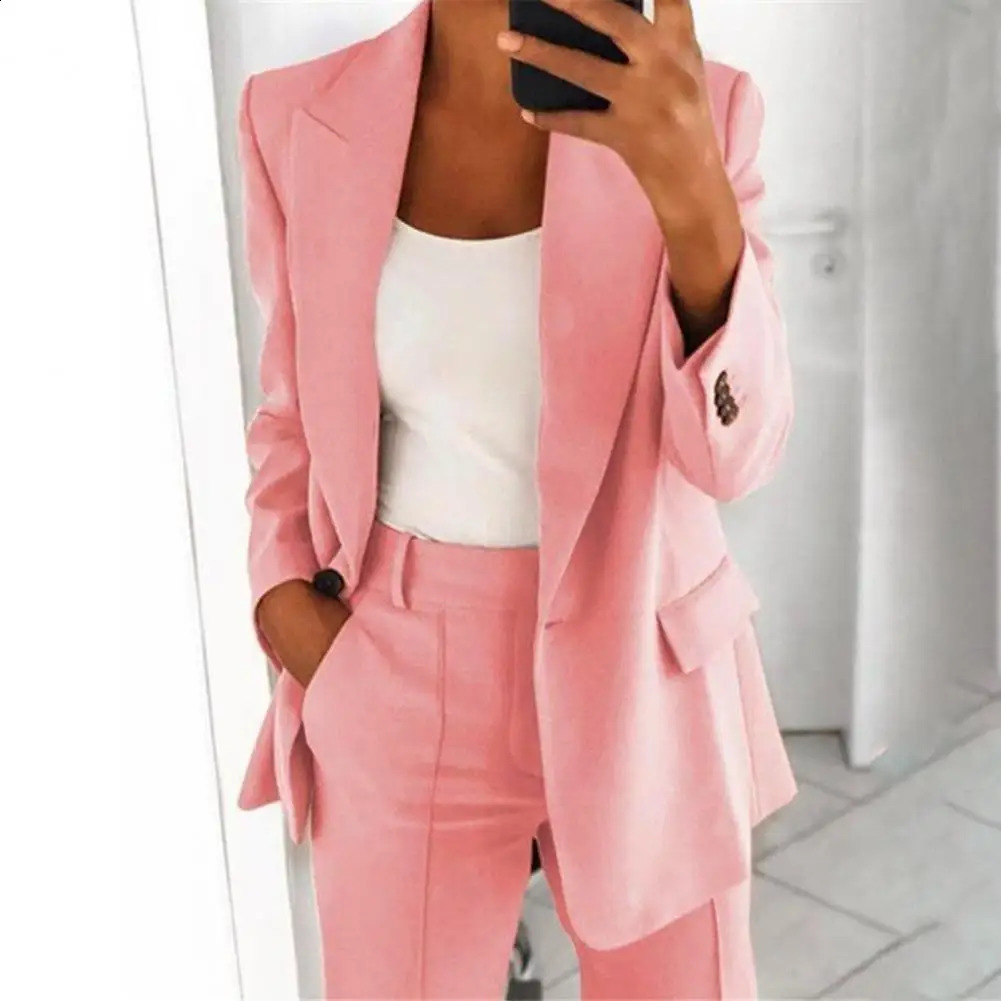 2 PcsSet Women Lapel Long Sleeve Blazer High Waist Straight Wide Leg Long Pants Set One Button Pockets Solid Color Work Suit 240813