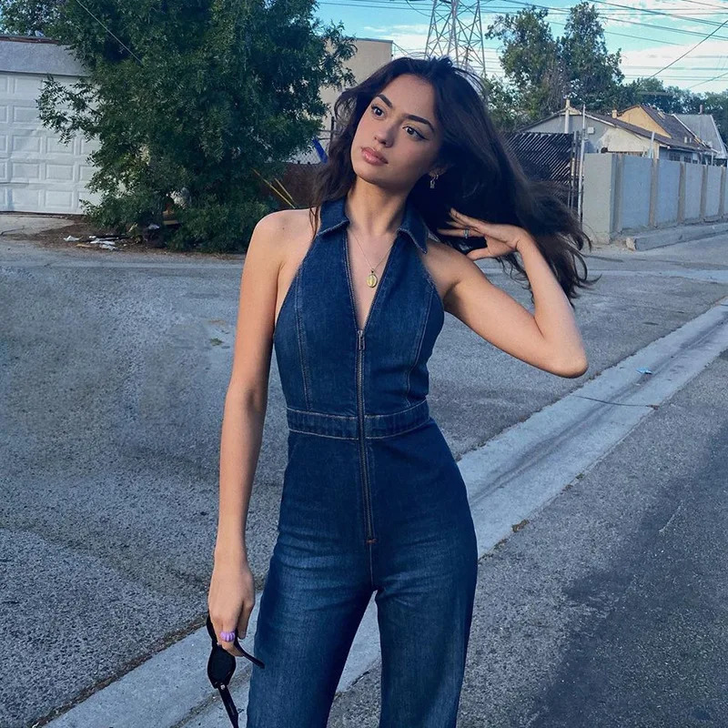 Womens sexy denim jumpsuit sleeveless V-collar slender zipper lapel tight denim jumpsuit sexy chic Y2K overalls wide-leg jeans 240813
