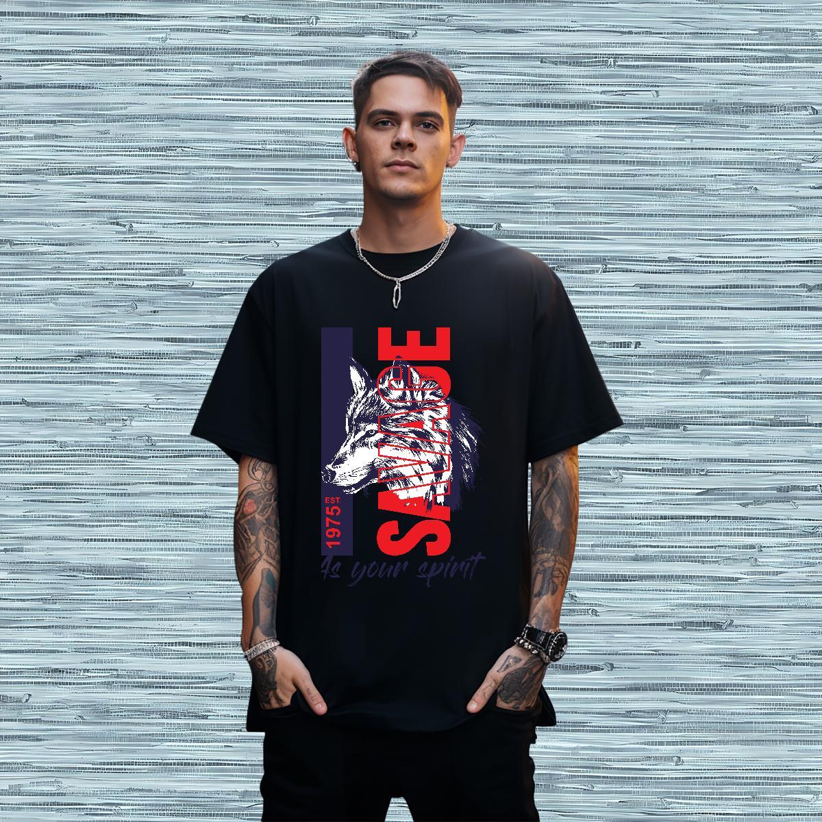 Wholesale T-Shirts wolf Crew Neck Breathable Daily Wear Customized 230g 100% Cotton Mens Tshirts DIY Customized Tees Shirts