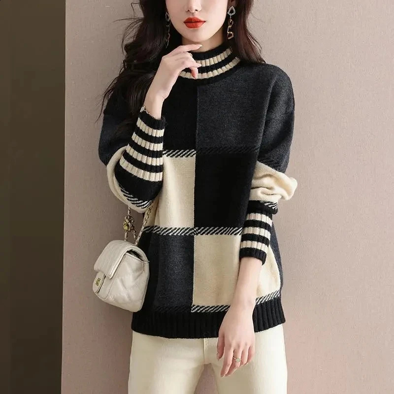 Womens Jumper Plaid Patchwork Turtleneck Sweater Autumn Winter Loose Casual Long Sleeve Thick Knitted Top Female Wool Knitwear 240812