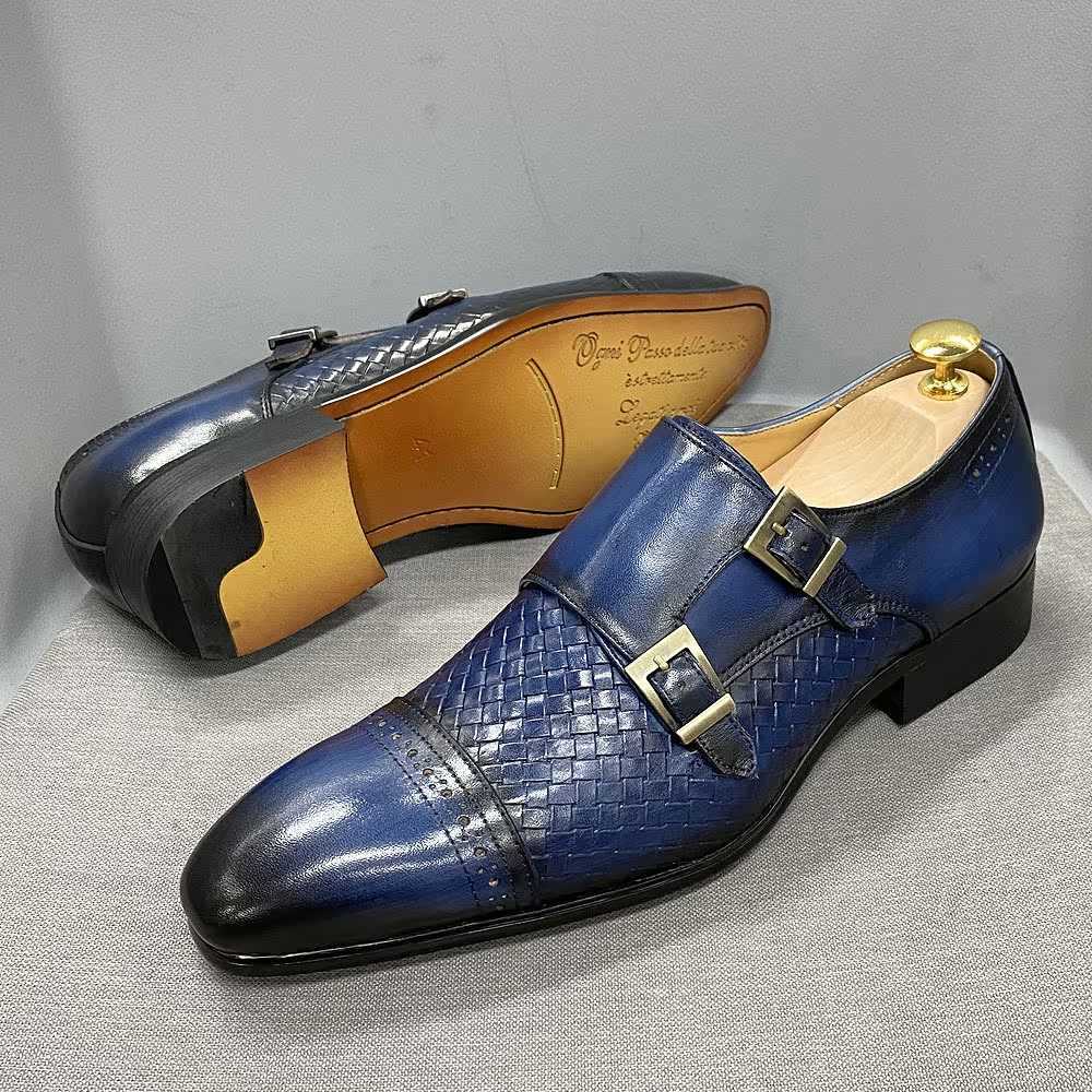 CMM Luxury Mens Business Casual Shoes Blue Genuine Leather Double Button Monk Shoes Top Layer Cowhide Pointed Mens Mengke Shoes