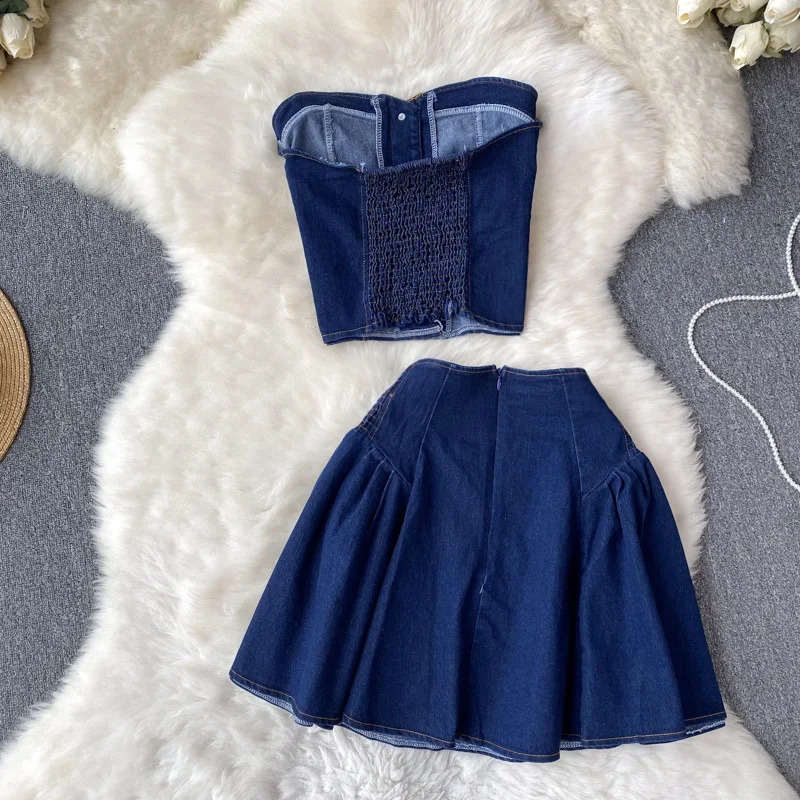 Women Dress Sets Two Piece Sets Skirt Set Denim Off Shoulder Blue Summer Short Tops Party High Waist Jeans Skirts Sexy Crop Top 240812