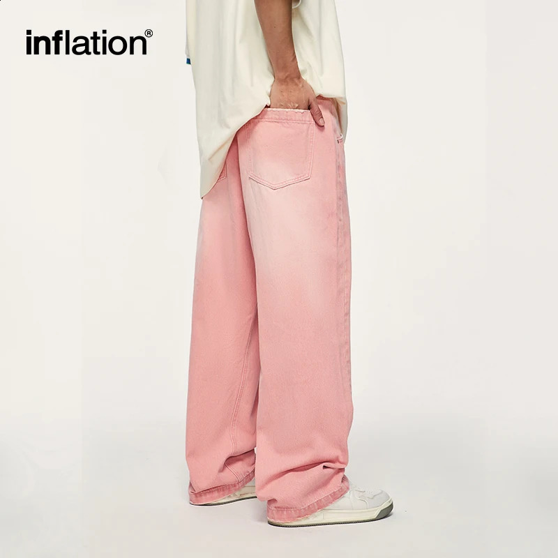 INFLATION Pink Wide Leg Jeans Unisex High Street Washed Denim Pants Mens Baggy Trousers Plus Size 240812