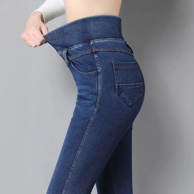 Korean Fashion Women Big Size Skinny Jeans Spring Autumn Streetwear Casual Trouser Denim Pockets Elastic High Waist Pencil Pants 240812