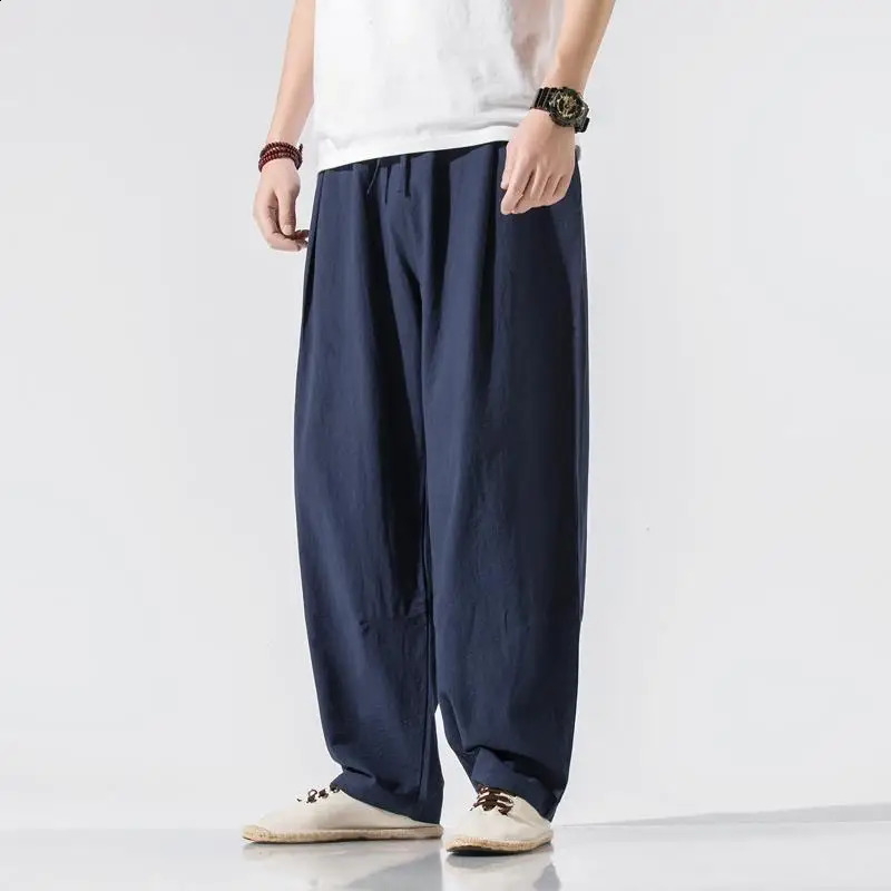 Men Clothes Summer Japanese Casual Streetwear Harajuku Cotton Linen Baggy Pants Male Solid Oversized Bloomers Trousers M-5XL 240813