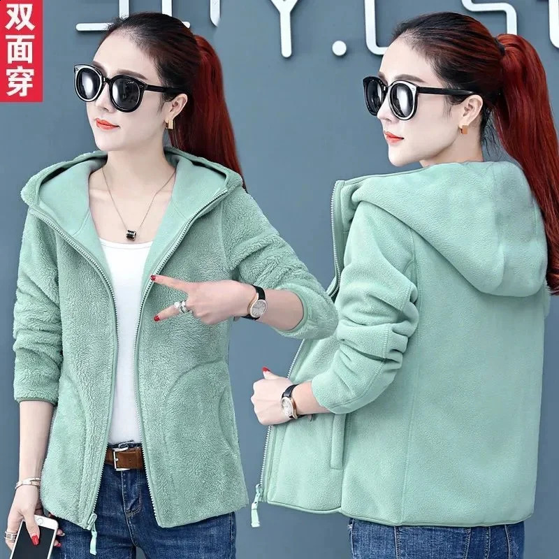Hoodie Two-Sided Wool Fleece Womens Polar Fleece Coat Autumn Winter Add Velvet Thickening Keep Warm Double-Sided Penetration 240812