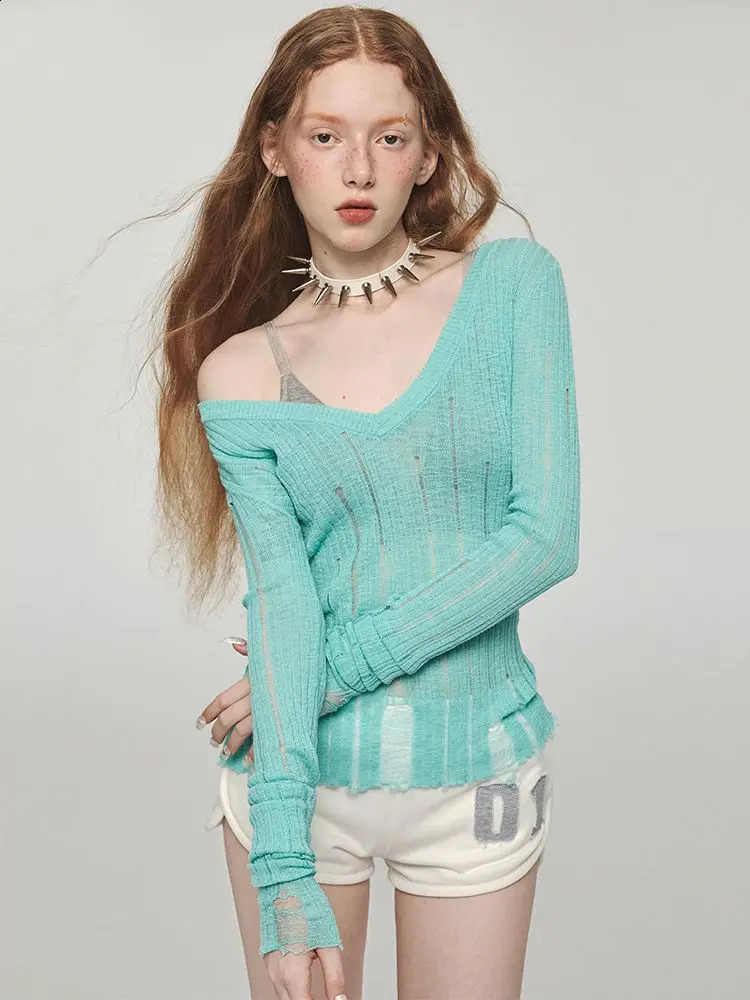 Deeptown Y2k Hollow Out Women Sweaters Harajuku Black See Through Sexy V-neck Gothic Knitted Cover Up Grunge Gyaru Streetwear 240812
