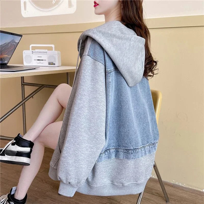 With Zipper Baggy Black Woman Clothing Full Zip Up Hooded Grey Long Splicing Hoodies Womens Sweatshirt Top Loose Matching Kpop 240812