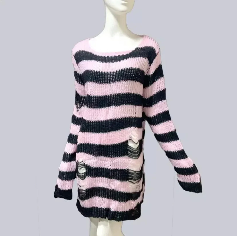 Punk Gothic Long Unisex Sweater Summer Women Striped Cool Hollow Out Hole Broken Jumper Loose Rock Thin Dark Streetwear Top 240812