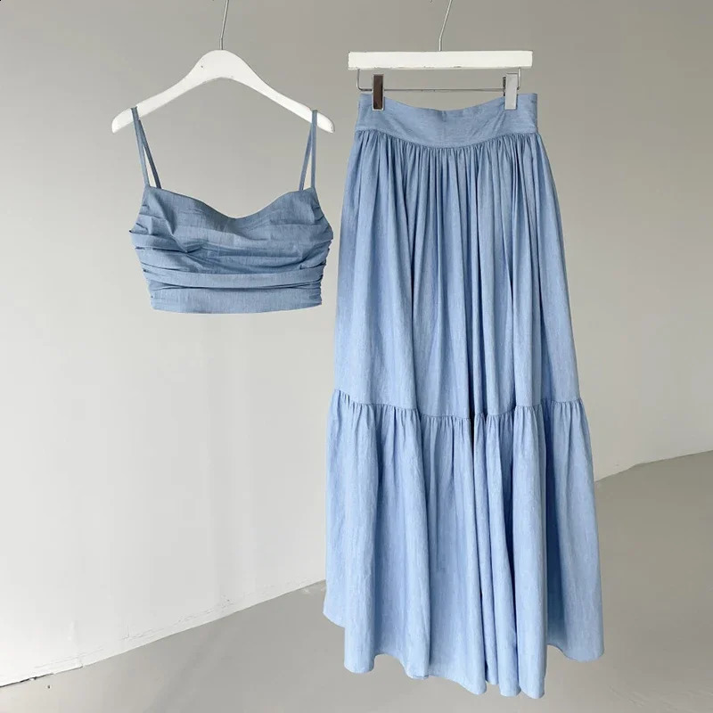Sexy Two Piece Set 2024 Summer Femme V-neck Slim Fit Short Suspended Tank Top Camis High Waist Large Swing Skirt Denim Sets 240812